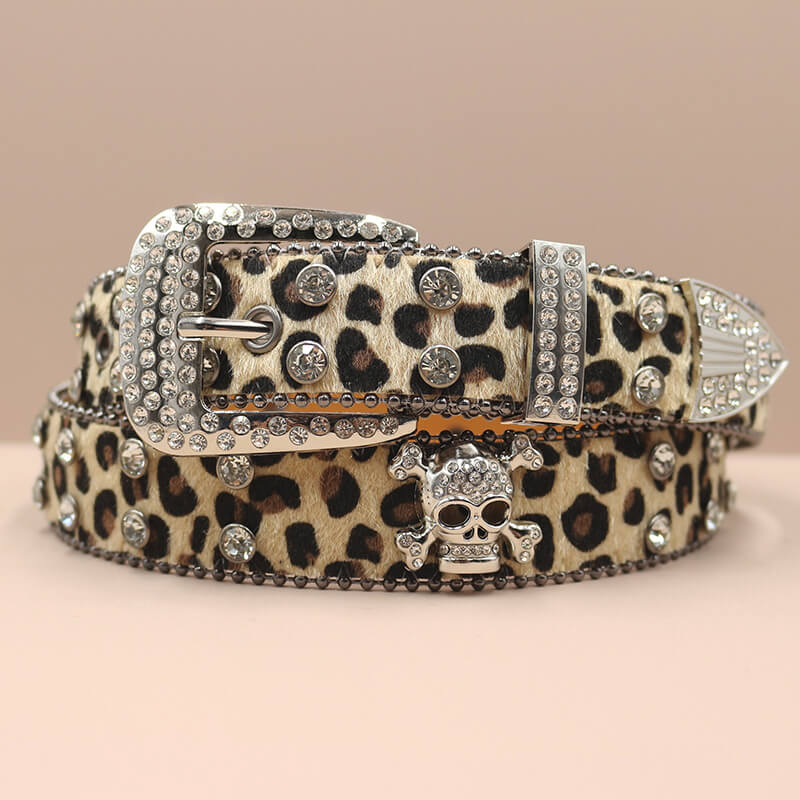 Leopard Print Rhinestone Skull Y2K PU Leather Belt | Gthic.com