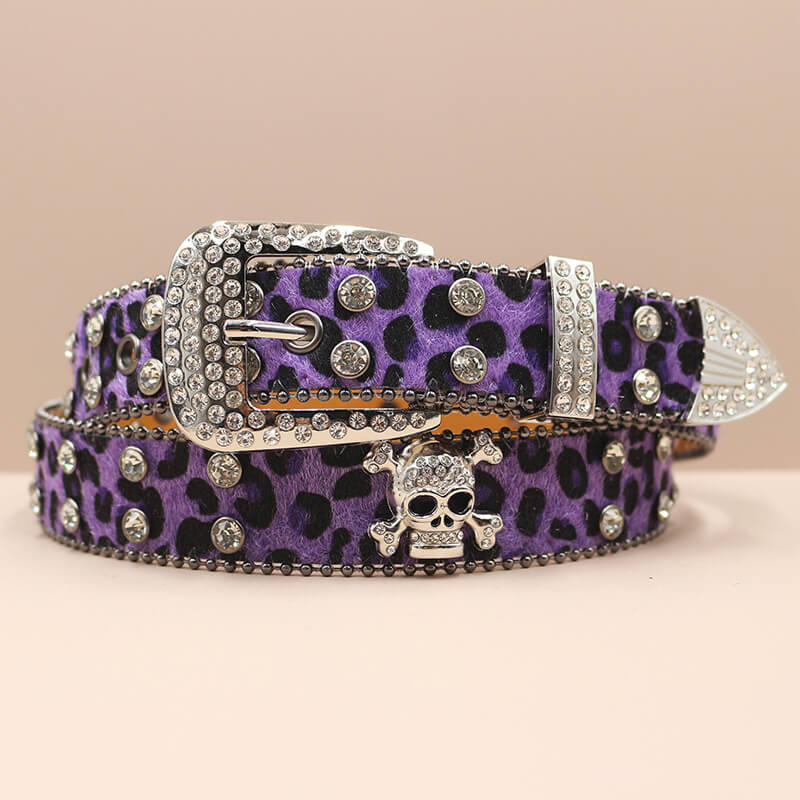 Leopard Print Rhinestone Skull Y2K PU Leather Belt | Gthic.com