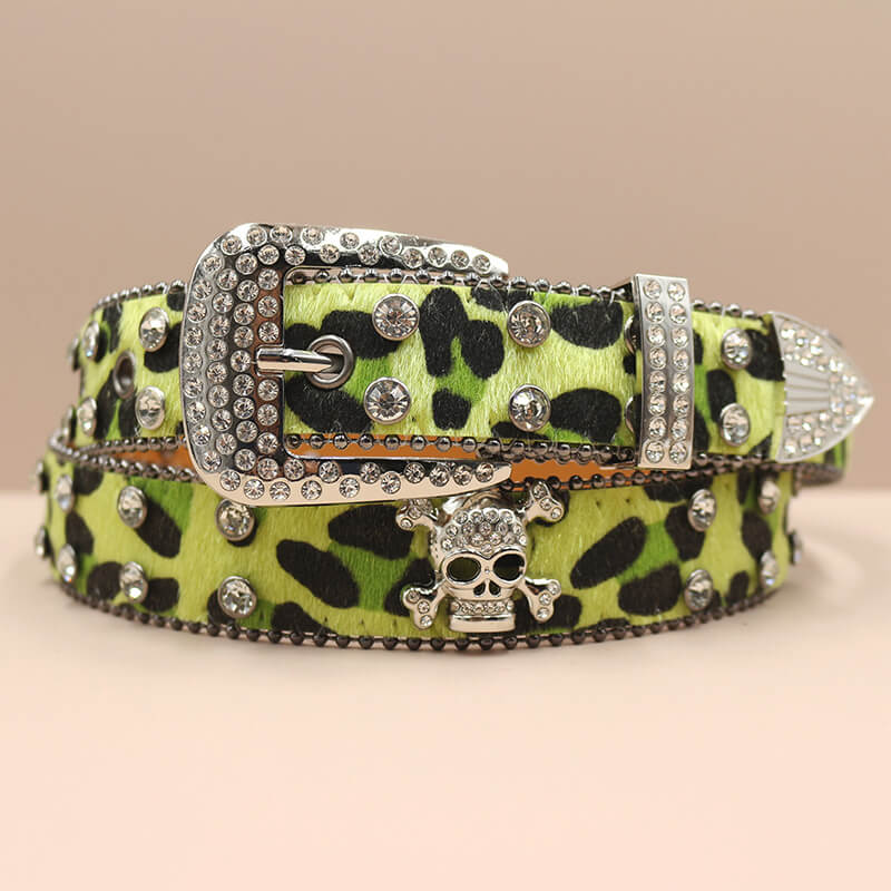 Leopard Print Rhinestone Skull Y2K PU Leather Belt | Gthic.com