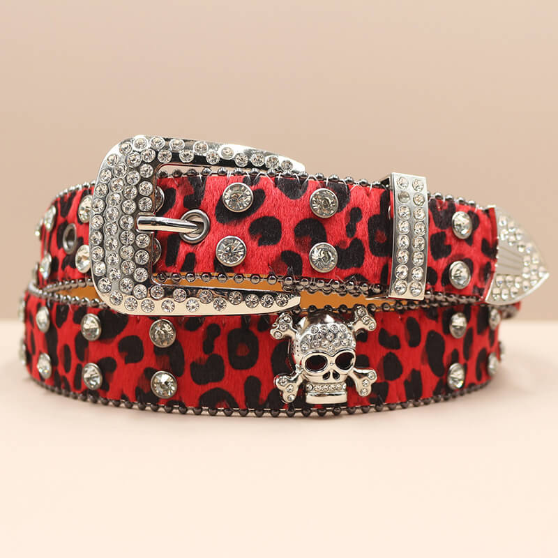 Leopard Print Rhinestone Skull Y2K PU Leather Belt
