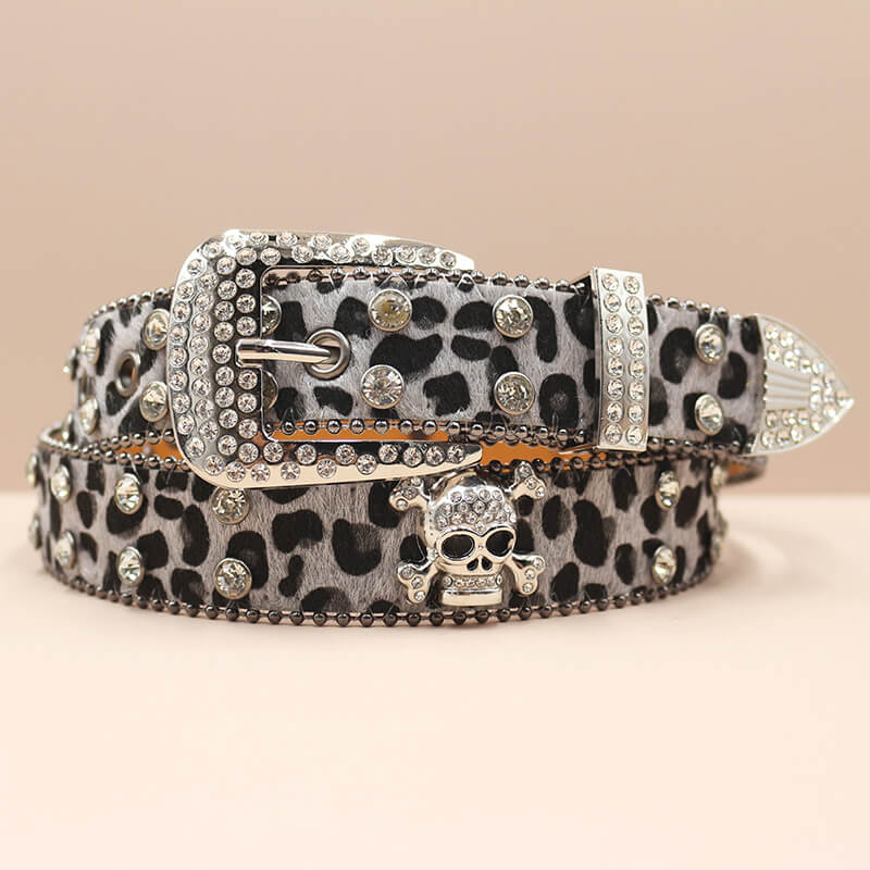 Leopard Print Rhinestone Skull Y2K PU Leather Belt