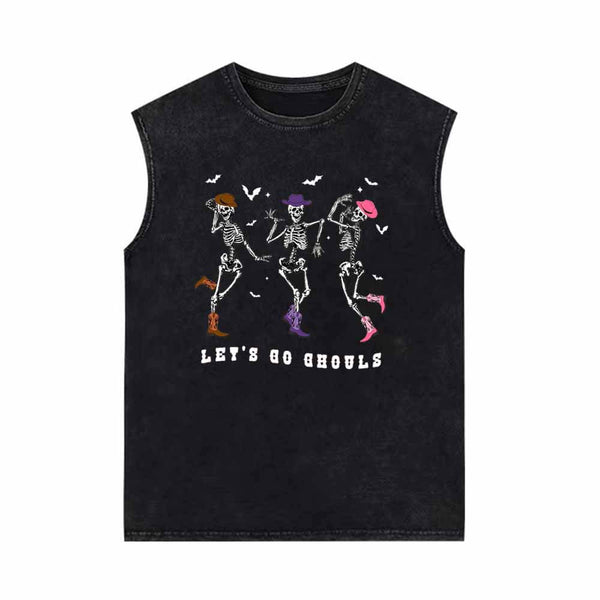 Let’s Go Ghouls Dance Skull Vintage Washed Vest Top | Gthic.com