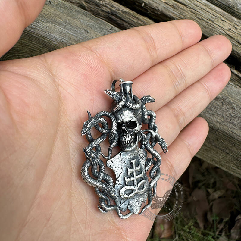 Leviathan Cross Snake Sterling Silver Skull Pendant | Gthic.com