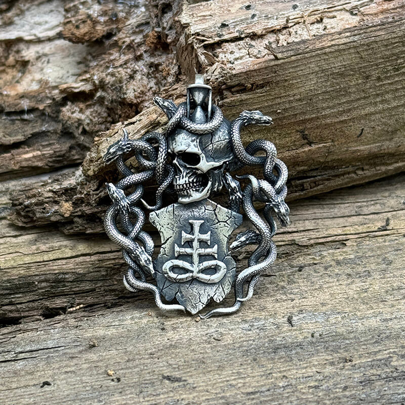 Leviathan Cross Snake Sterling Silver Skull Pendant | Gthic.com