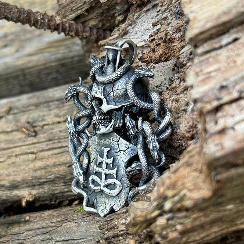 Leviathan Cross Snake Sterling Silver Skull Pendant | Gthic.com