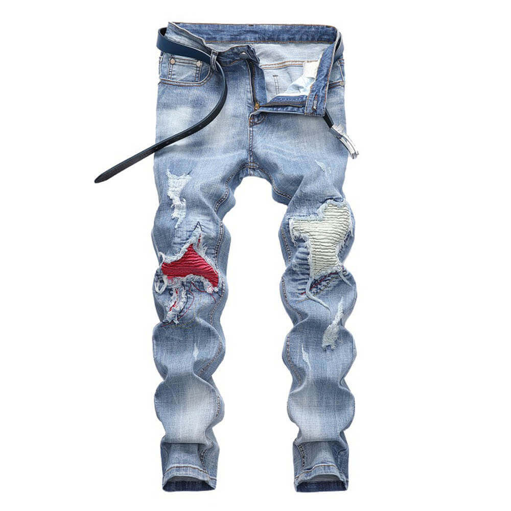 Light Ripped Stretch Motorcycle Straight Jeans | Gthic.com