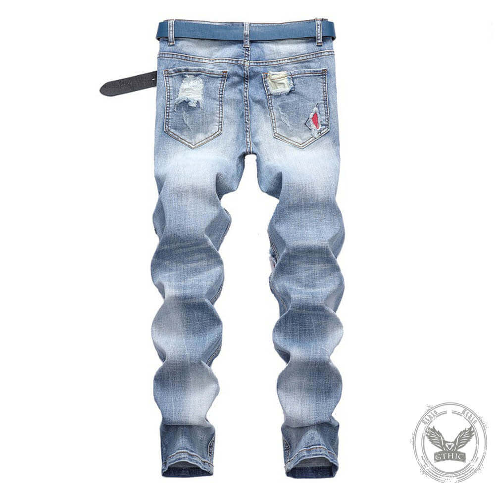 Light Ripped Stretch Motorcycle Straight Jeans | Gthic.com