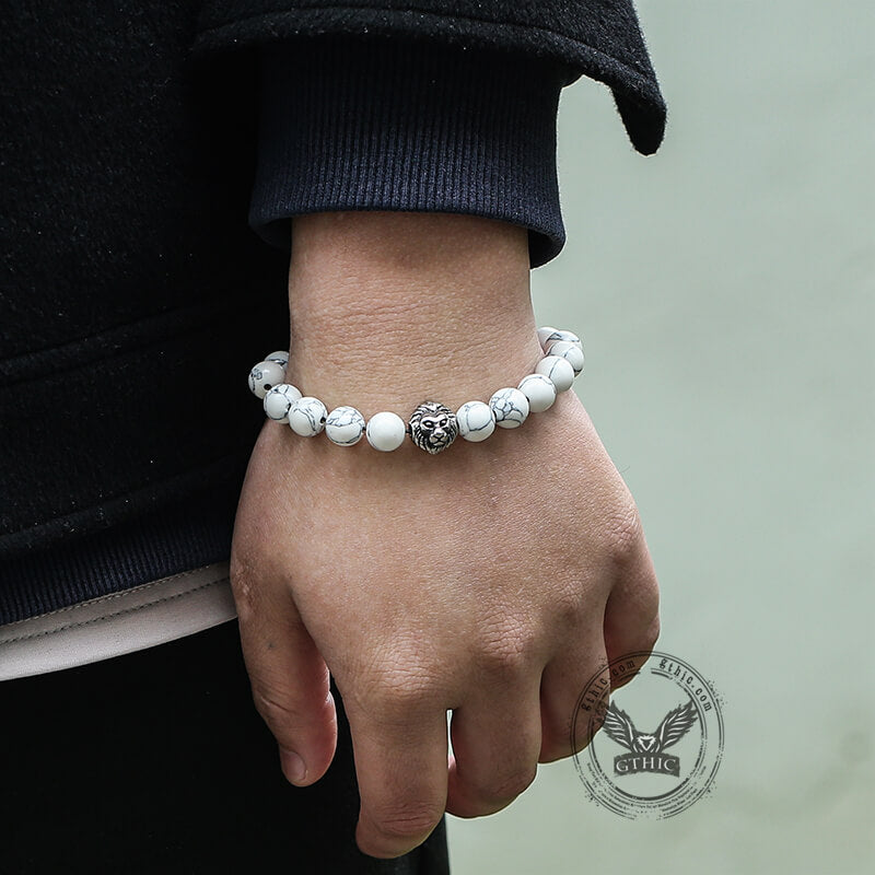 Lion Head Agate Stone Stainless Steel Bead Bracelet