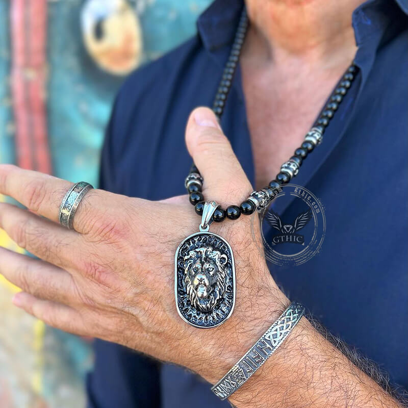 Lion Head Black Beads Chain Stainless Steel Necklace | Gthic.com