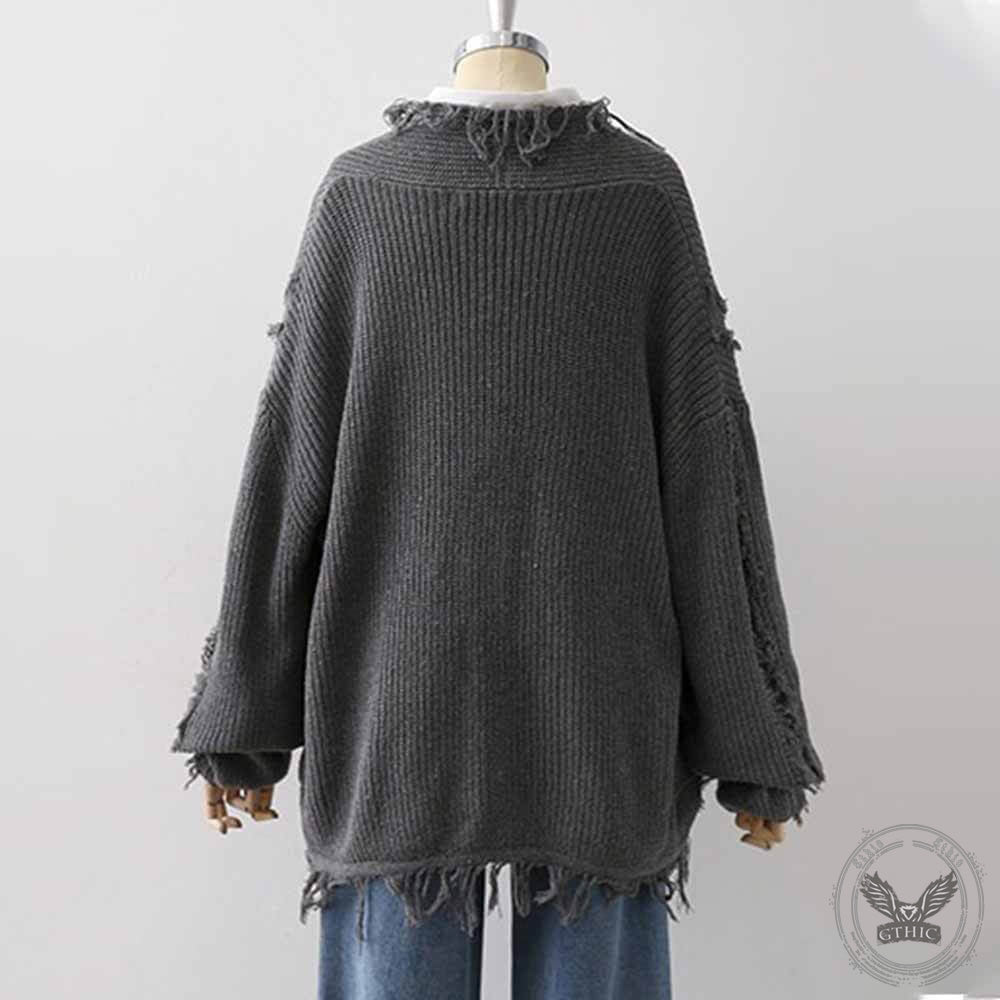 Loose Raw Edges Gray Knitted Sweater Cardigan 02 | Gthic.com