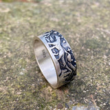 Loyal Wolf Pattern Sterling Silver Embossed Ring 02 | Gthic.com