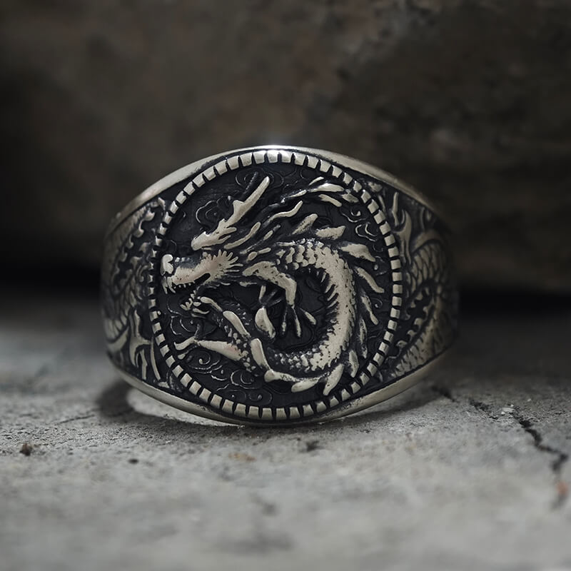 Lucky Cloud Chinese Dragon Sterling Silver Ring