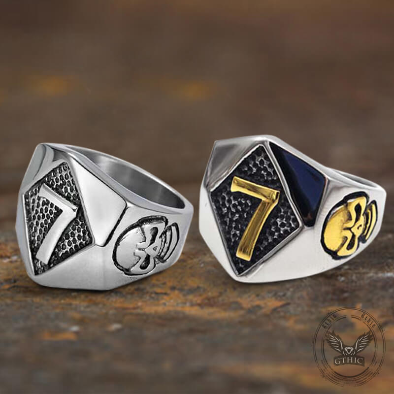 Lucky Number 7 Skull Stainless Steel Ring | Gthic.com