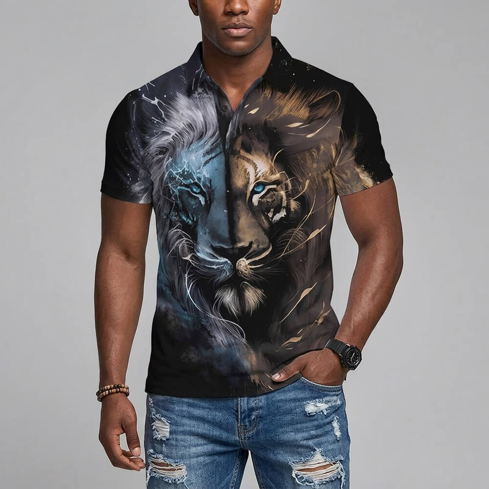 Majestic Lion Head Print Short Sleeve Polo Shirt