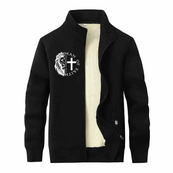 Man Of Faith Lion Cross Stand Collar Zip Cardigan 01 | Gthic.com