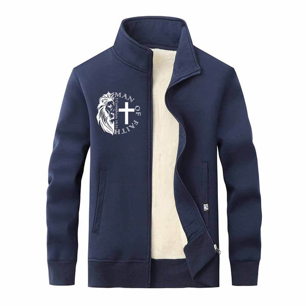 Man Of Faith Lion Cross Stand Collar Zip Cardigan 02 | Gthic.com