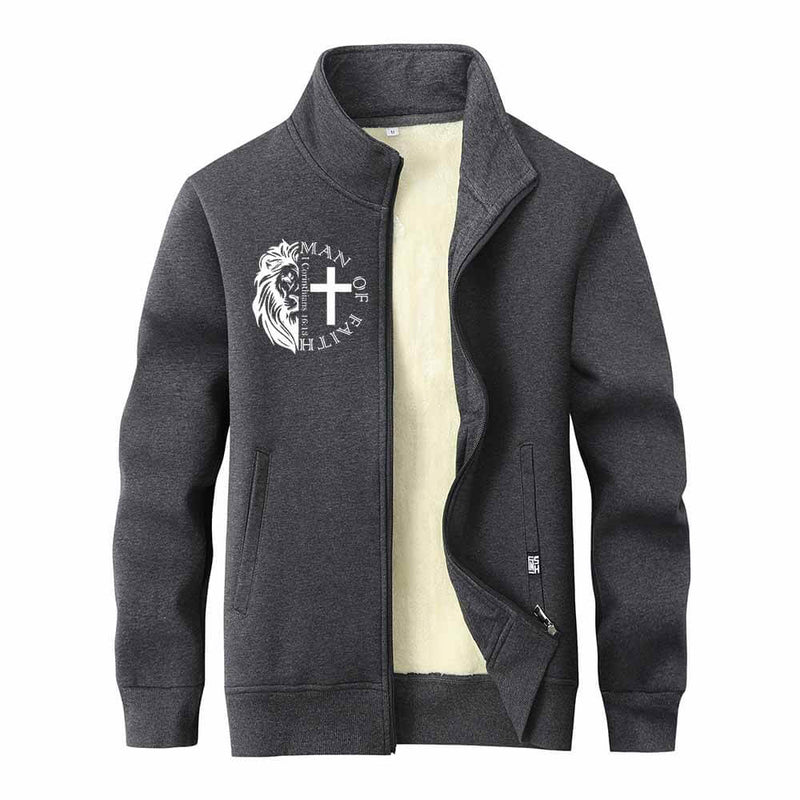 Man Of Faith Lion Cross Stand Collar Zip Cardigan