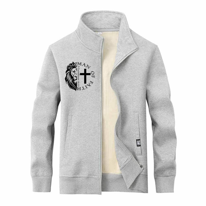 Man Of Faith Lion Cross Stand Collar Zip Cardigan