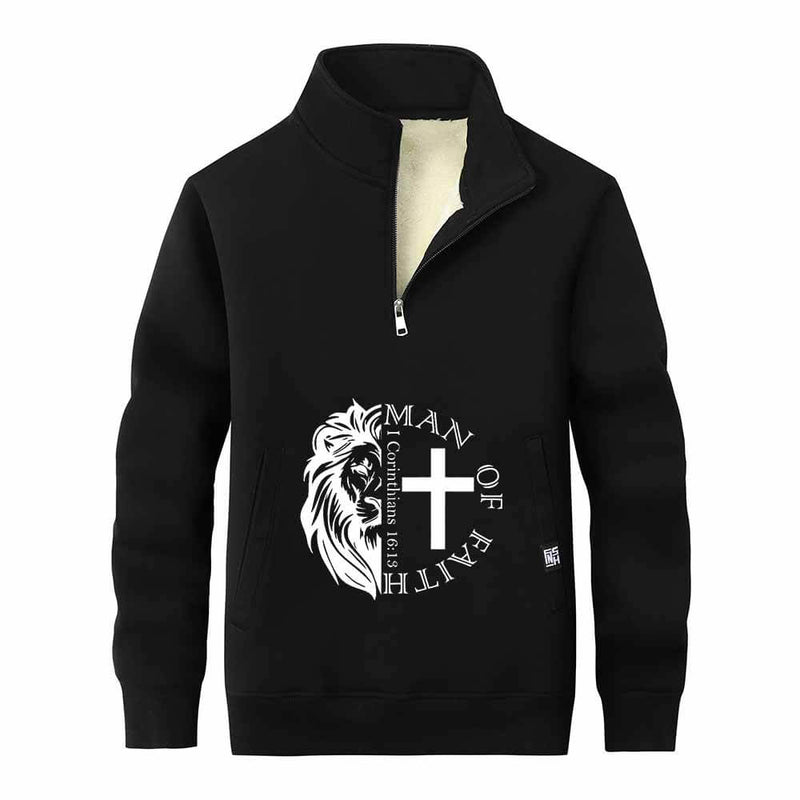 Man Of Faith Lion Cross Stand Collar Zip Sweatshirt 01 | Gthic.com