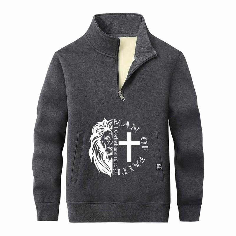 Man Of Faith Lion Cross Stand Collar Zip Sweatshirt 02 | Gthic.com