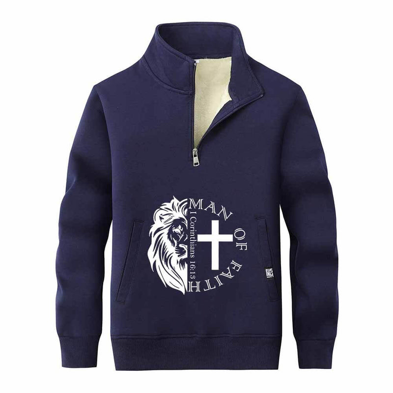 Man Of Faith Lion Cross Stand Collar Zip Sweatshirt