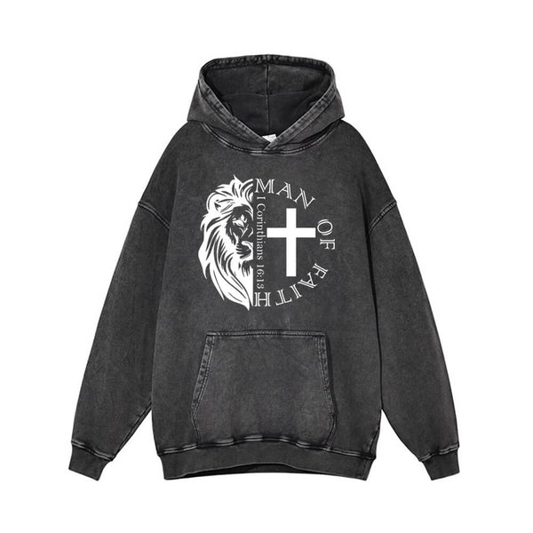 Man Of Faith Lion Cross Vintage Washed Hoodie 01 | Gthic.com