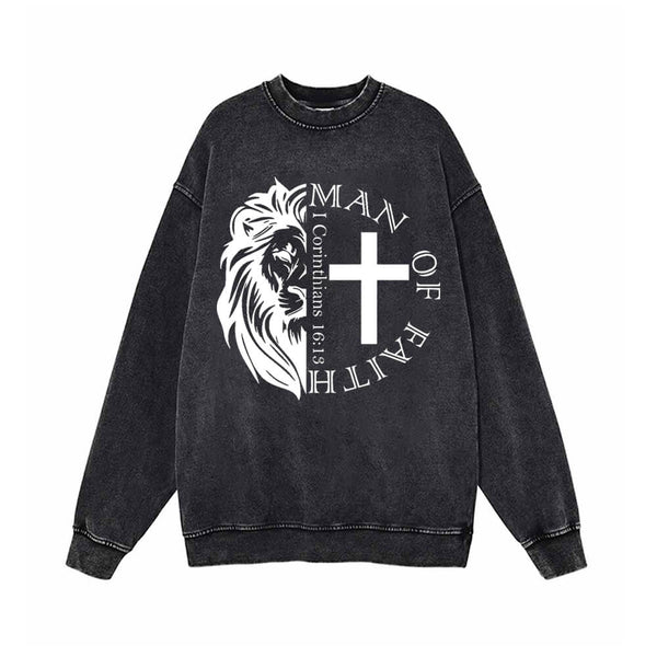 Man Of Faith Lion Cross Vintage Washed Sweatshirt 01 | Gthic.com