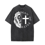 Man Of Faith Lion Cross Vintage Washed T-shirt 01 | Gthic.com