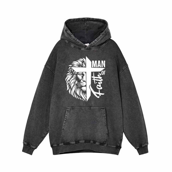 Man Of Faith Lion Print Vintage Washed Hoodie 01 | Gthic.com