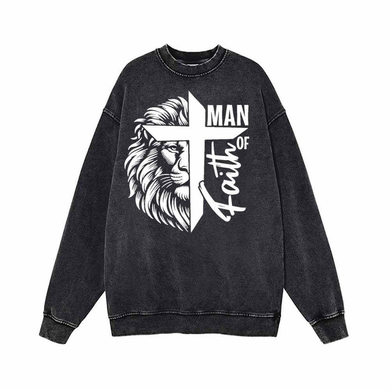 Man Of Faith Lion Print Vintage Washed Sweatshirt 01 | Gthic.com