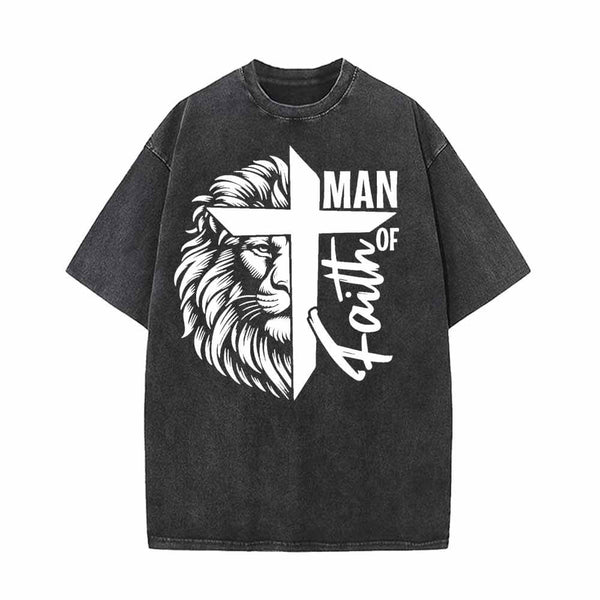 Man Of Faith Lion Print Vintage Washed T-shirt 01 | Gthic.com