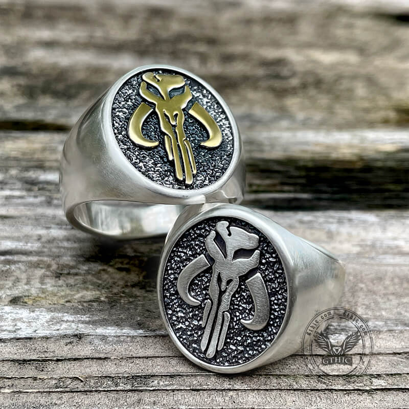 Mandalorian Symbol Sterling Silver Skull Ring 03 | Gthic.com