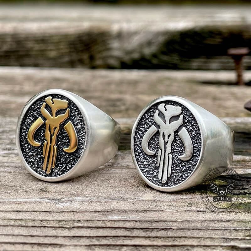 Mandalorian Symbol Sterling Silver Skull Ring 04 | Gthic.com