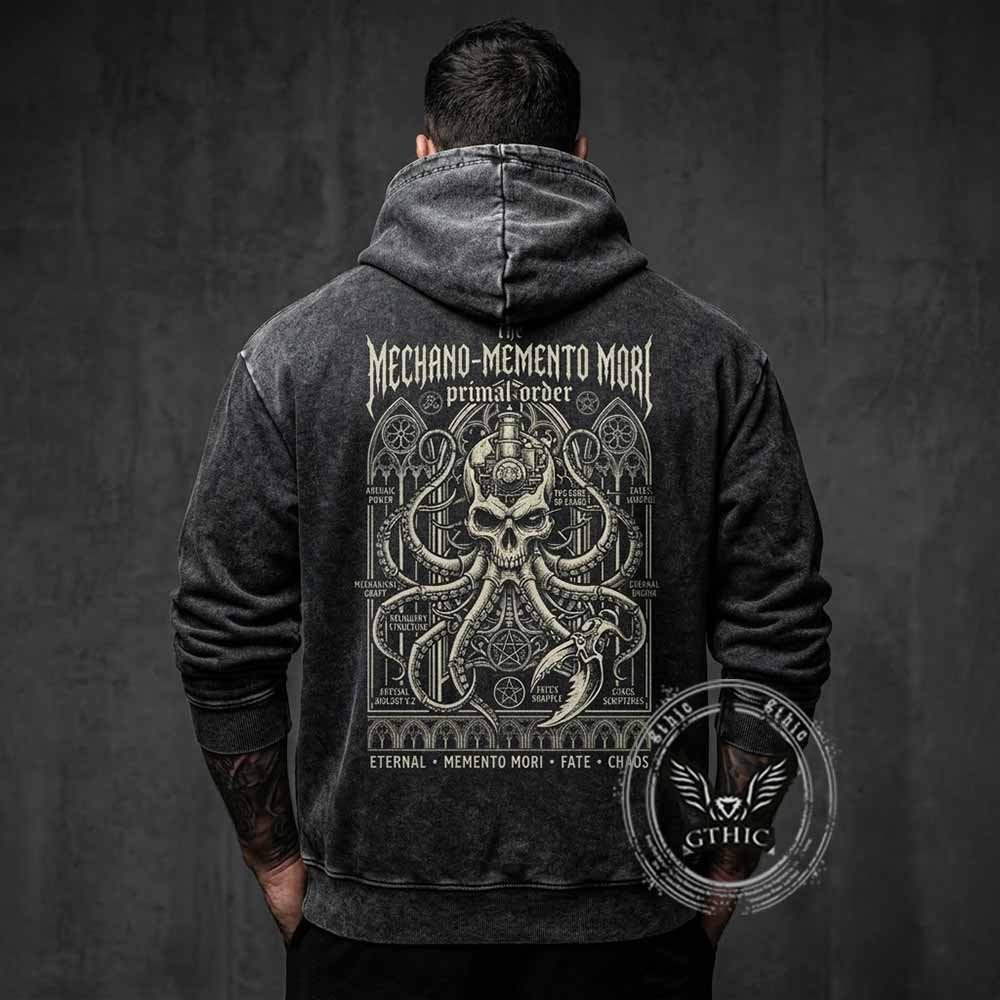 Mechano Memento Mori Skull Octopus Vintage Washed Hoodie | Gthic.com