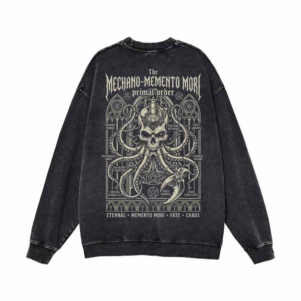 Mechano Memento Mori Skull Octopus Vintage Washed Sweatshirt | Gthic.com
