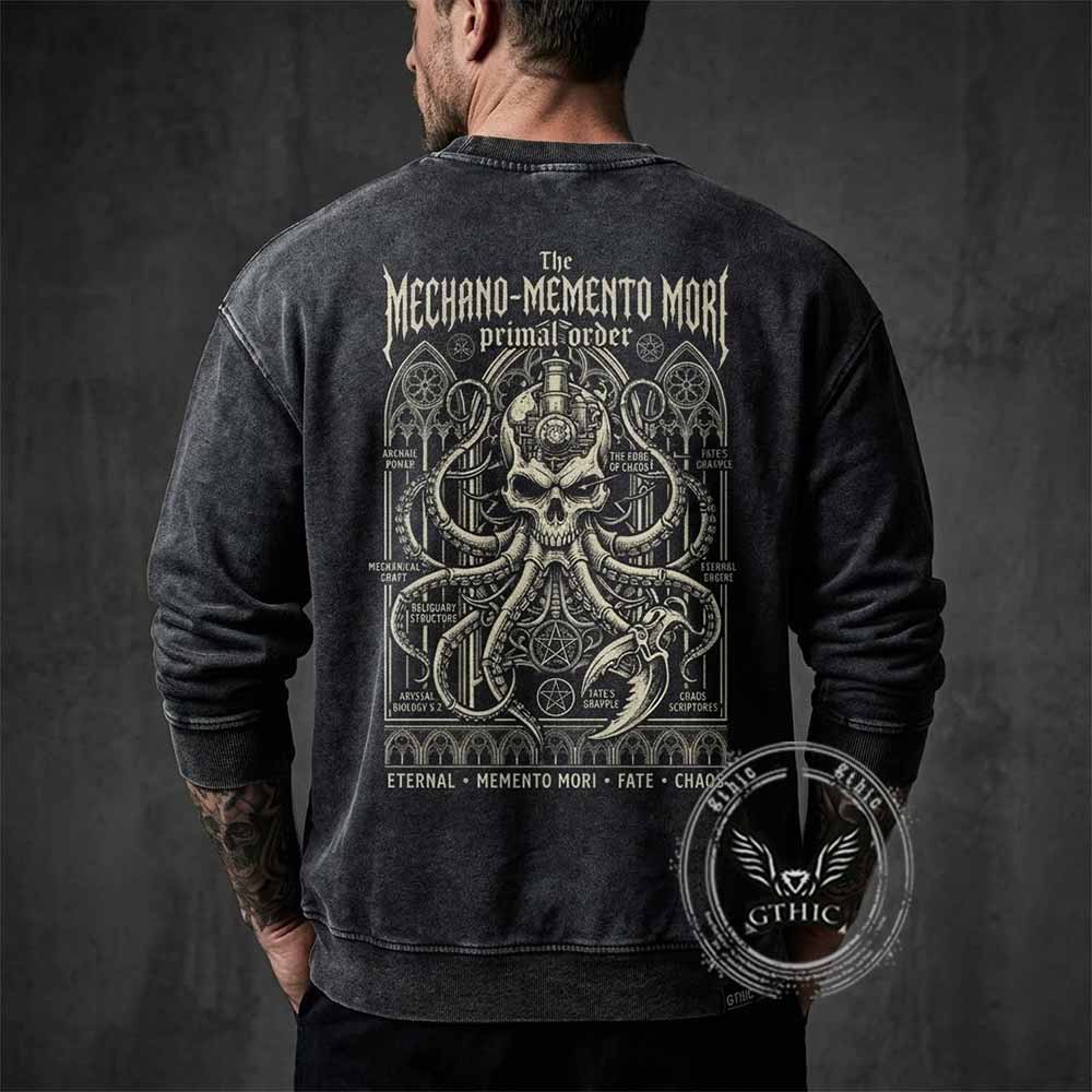 Mechano Memento Mori Skull Octopus Vintage Washed Sweatshirt | Gthic.com