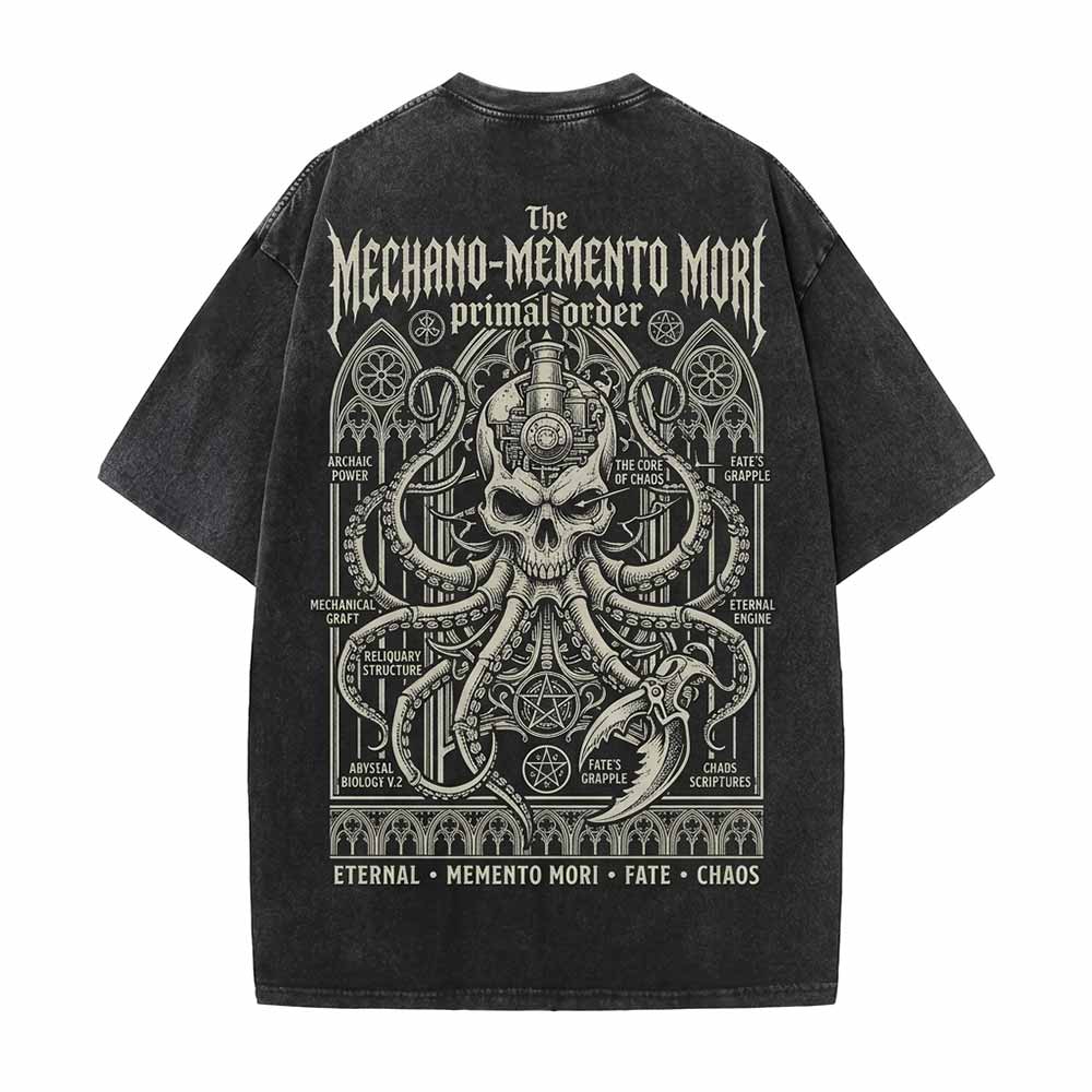 Mechano Memento Mori Skull Octopus Vintage Washed T-shirt | Gthic.com