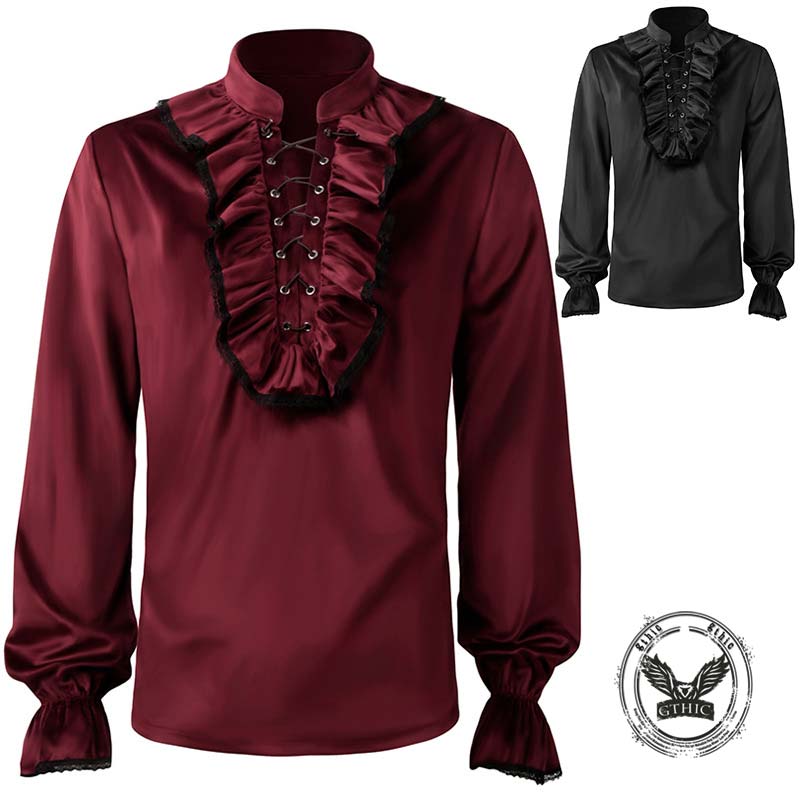 Medieval Pleated Stand Collar Punk Solid Shirt 01 | Gthic.com