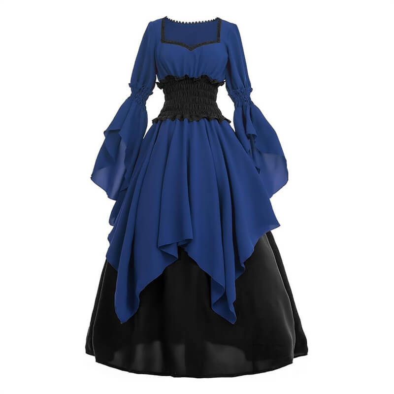Medieval Renaissance Witch Square Neck Gown Dress, Blue / S Medieval Renaissance Witch Square Neck Gown Dress, Blue / S