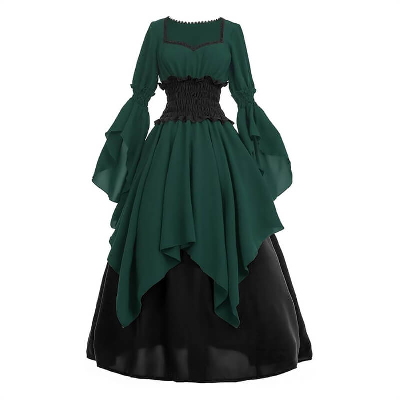 Medieval Renaissance Witch Square Neck Gown Dress, Green / M Medieval Renaissance Witch Square Neck Gown Dress, Green / M