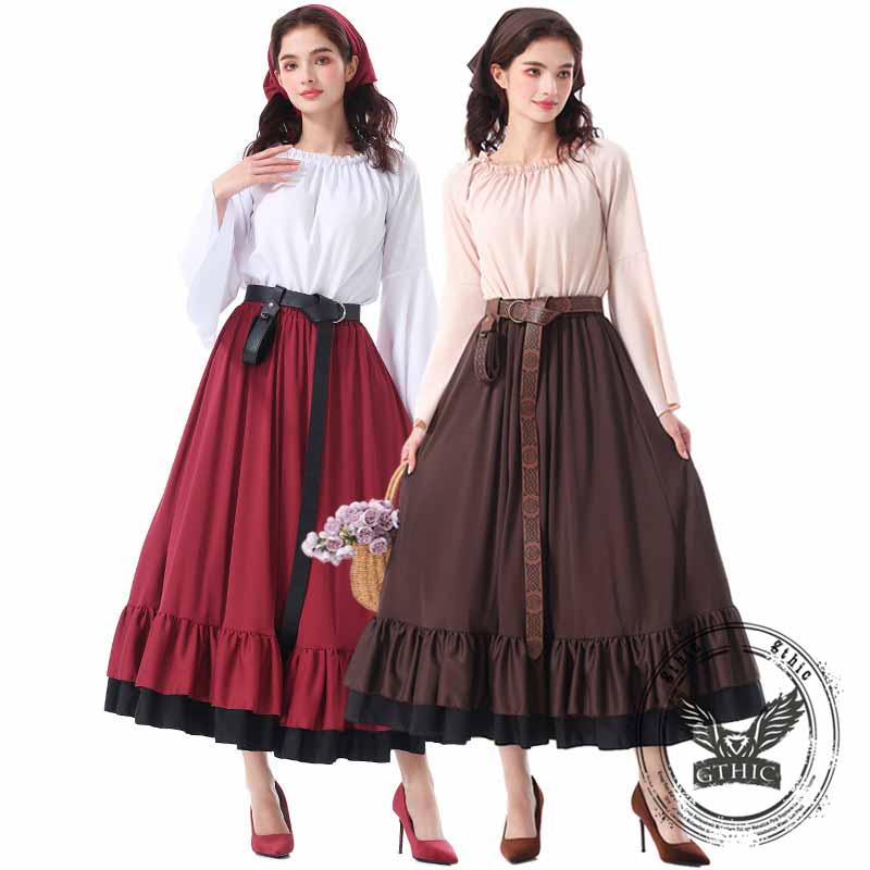Medieval Ruffled Maxi Skirt Set Halloween Costume 01 | Gthic.com