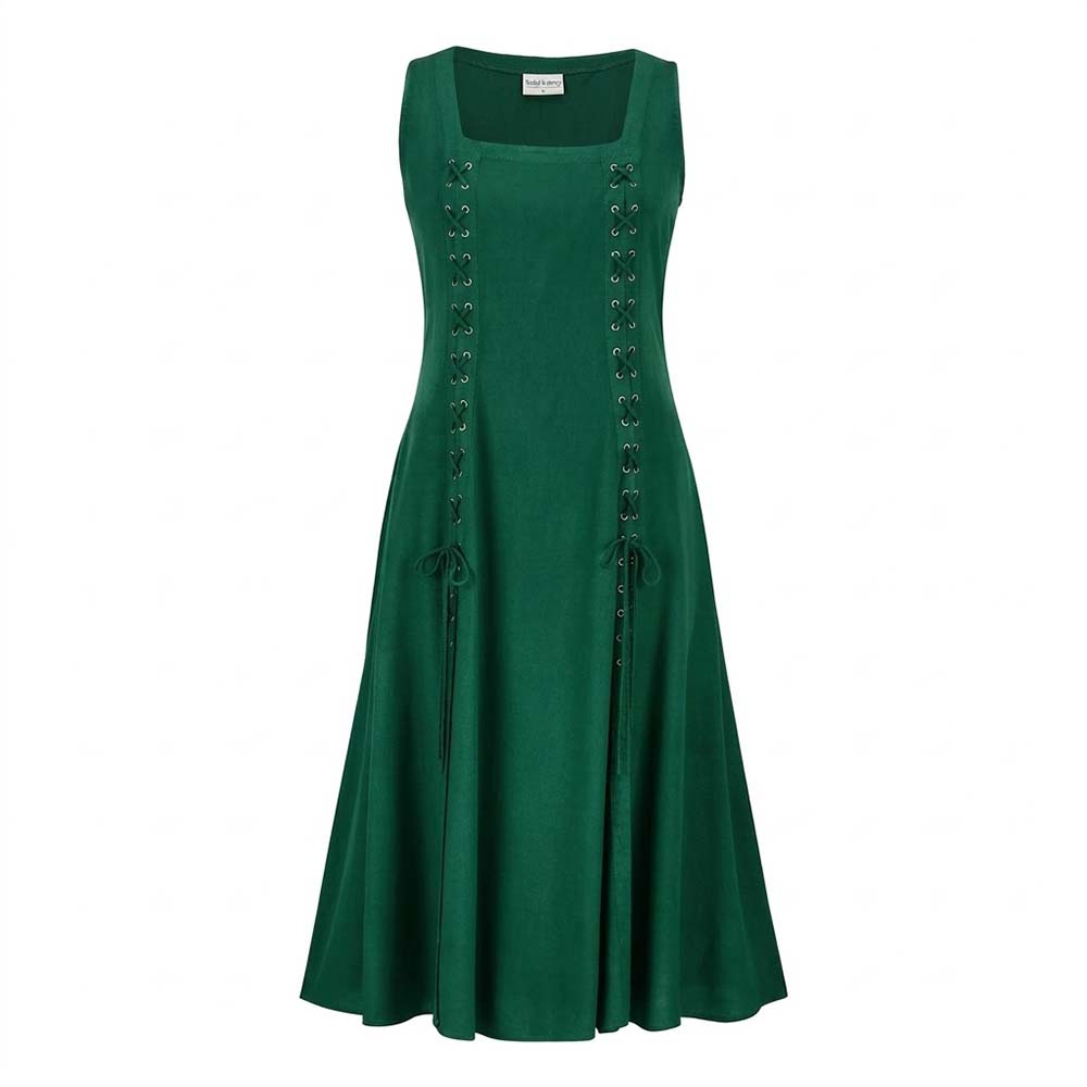 Medieval Solid Square Neck Lace-Up Sleeveless Dress
