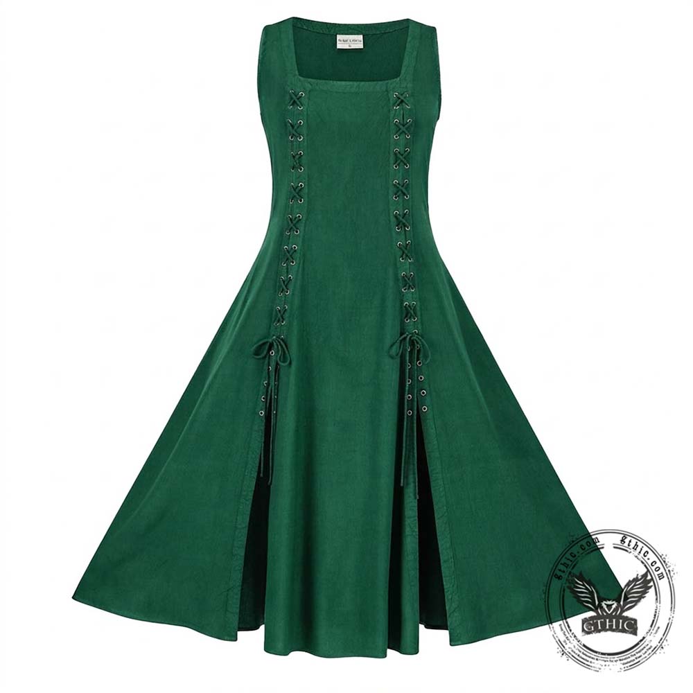 Medieval Solid Square Neck Lace-Up Sleeveless Dress