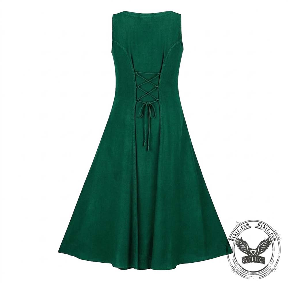 Medieval Solid Square Neck Lace-Up Sleeveless Dress