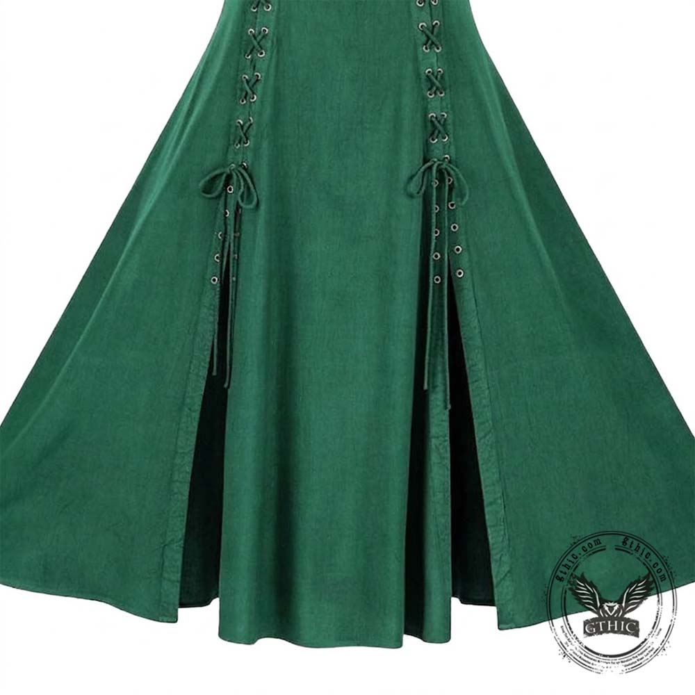 Medieval Solid Square Neck Lace-Up Sleeveless Dress