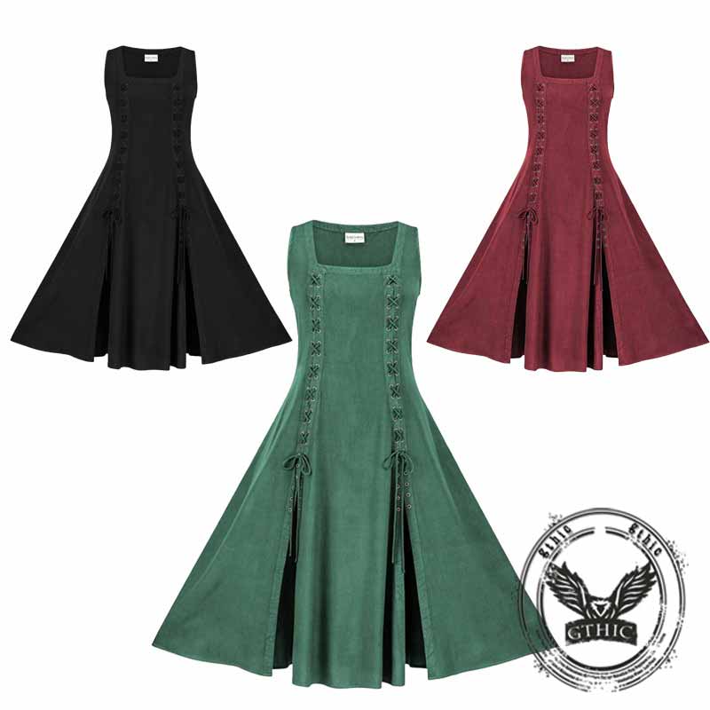 Medieval Solid Square Neck Lace-Up Sleeveless Dress