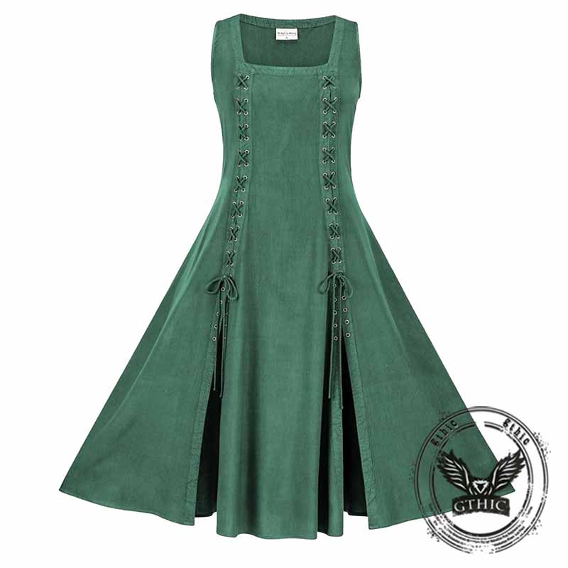 Medieval Solid Square Neck Lace-Up Sleeveless Dress