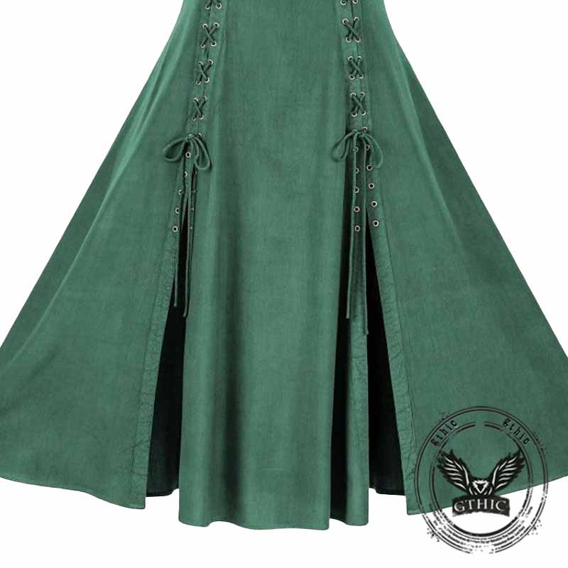 Medieval Solid Square Neck Lace-Up Sleeveless Dress