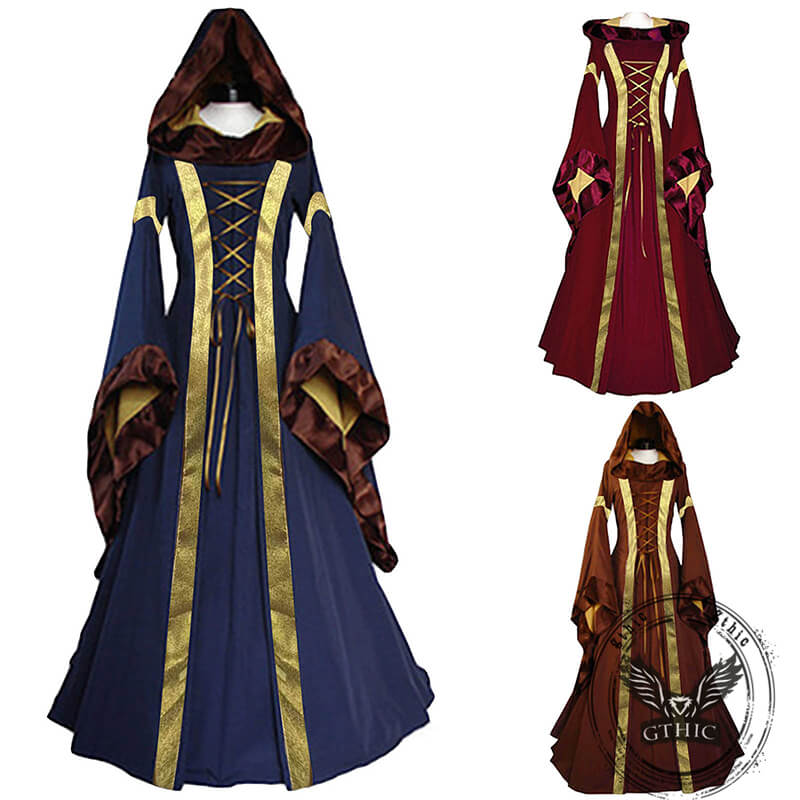 Medieval Victorian Retro Hooded Bell Sleeve Long Dress | Gthic.com