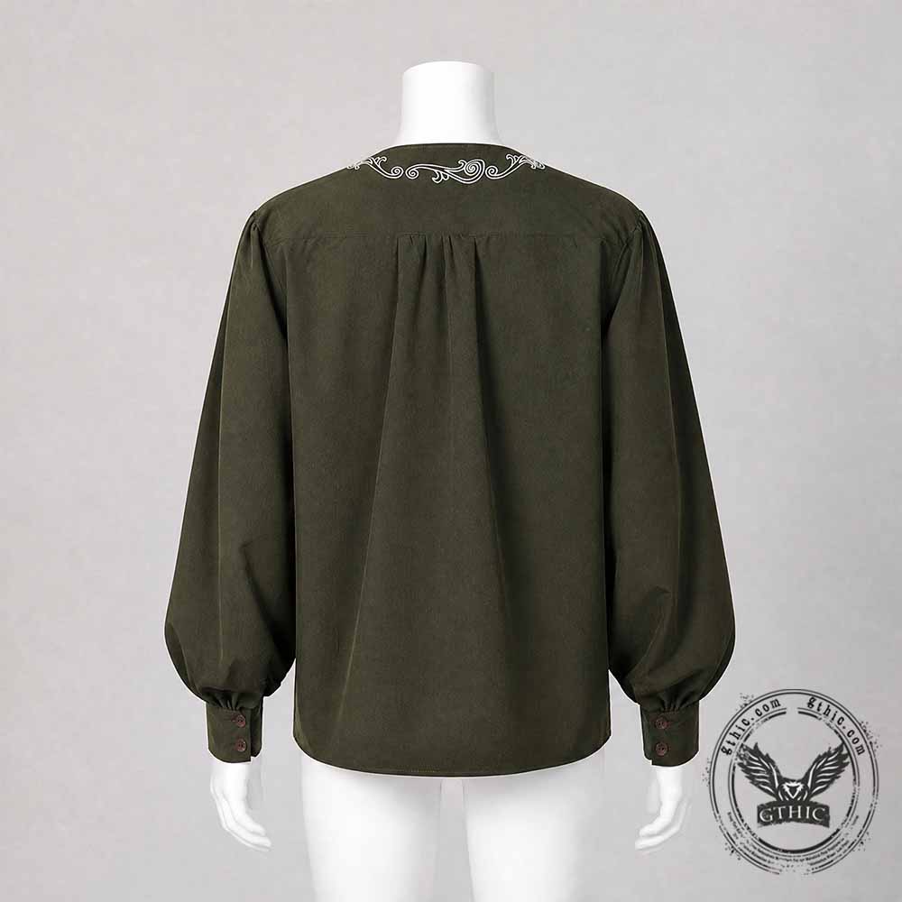 Medieval Viking Embroidered V-Neck Drawstring Shirt